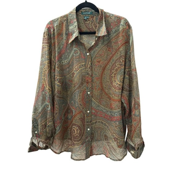 Lauren Ralph Lauren Tops - Lauren Ralph Lauren Silk Sheer Paisley Print Button Up Blouse 20W Women's Brown